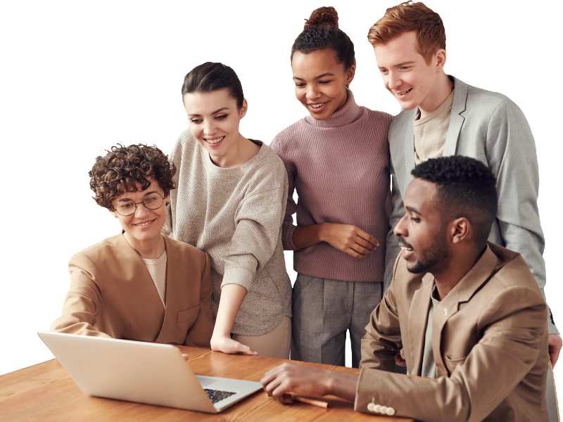 Diverse group of five joyful young professionals gathered around a laptop, leaning in with genuine smiles and bright eyes, radiating collaboration, curiosity, and shared purpose.