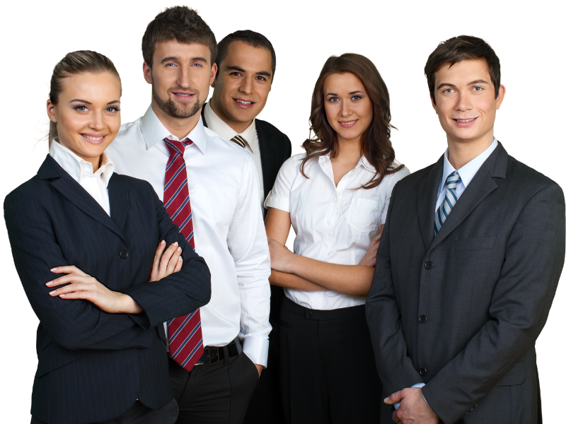 Confident team of five young professionals in sharp business attire standing shoulder to shoulder, arms crossed and smiles ready, radiating unity and quiet strength.
